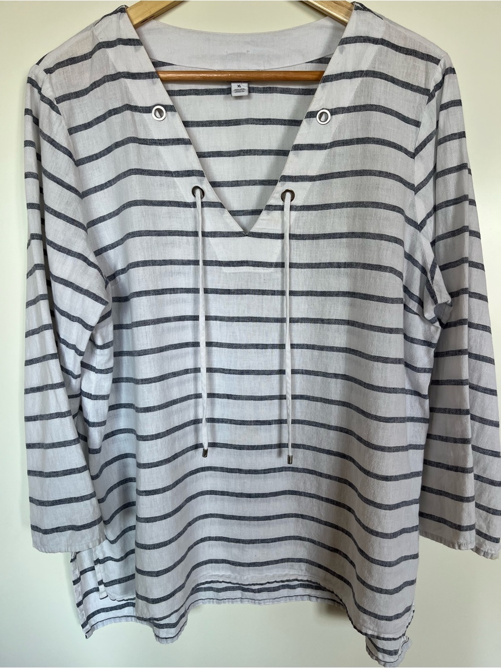 Nautica White & Navy Striped Lace-Up Nautical Blouse Top XL